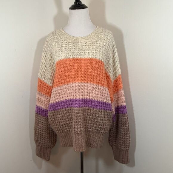 Universal Thread Striped Knit Sweater M Crewneck Pullover Orange Purpke Winter - Picture 3 of 14